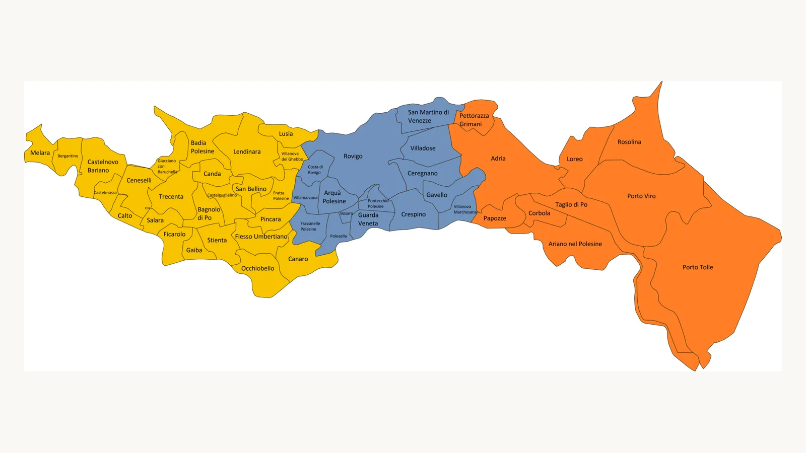 Mappa della provincia di Rovigo divisa nei tre colori di Alto, Medio e Basso Polesine