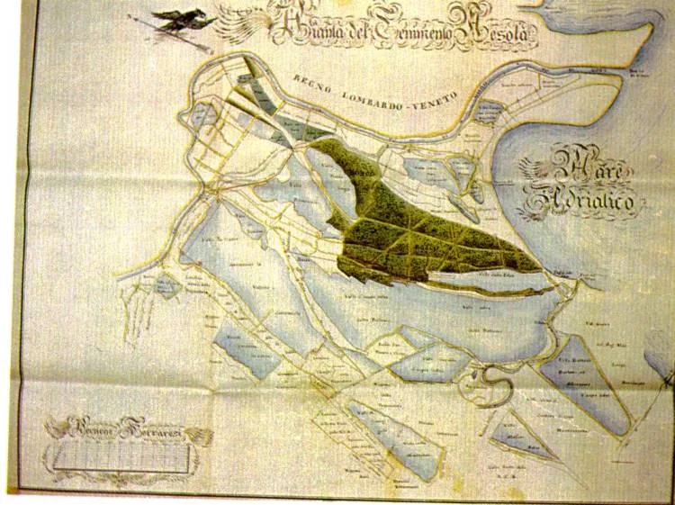 Carta del delta del Po nel 1787 con i nuovi rami formati dopo il Taglio di Porto Viro